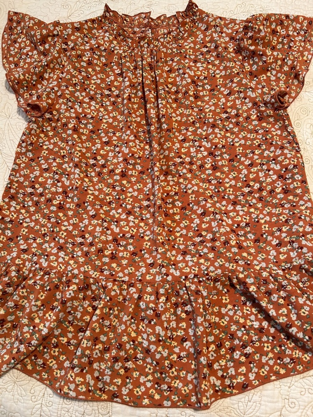 Rust Floral Ruffle-Sleeve Blouse - Unbranded